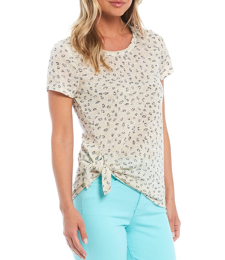 Bobeau Coffee Bean Print Crew Neck Side Tie Tee