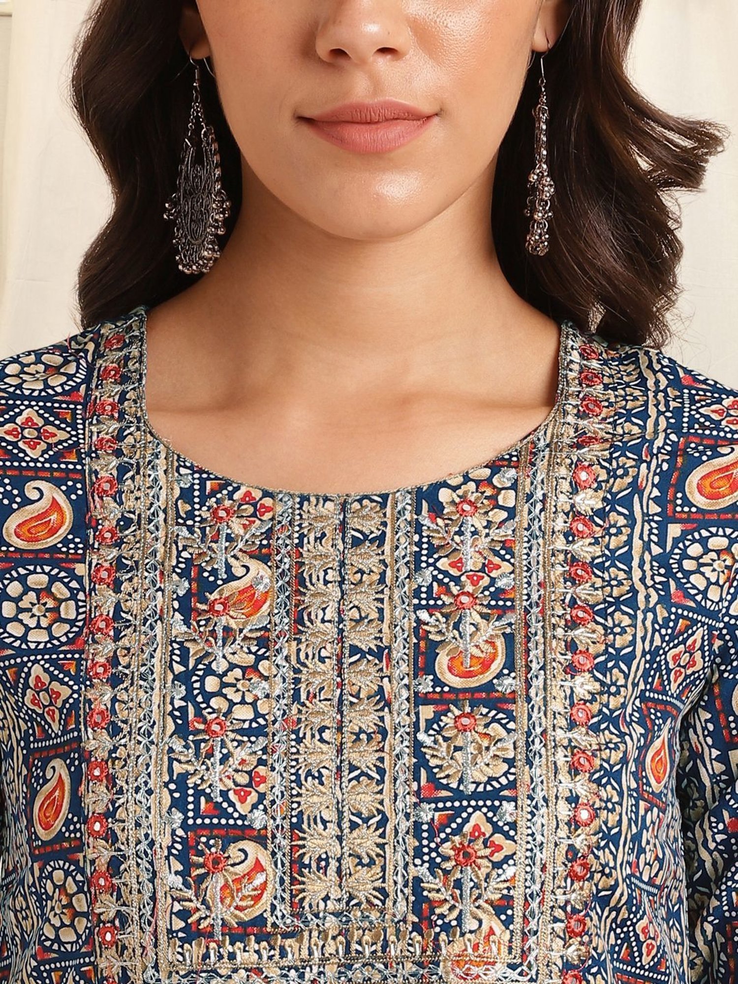 MIRCHI FASHION Blue Cotton Embroidered Kurta Pant Set With Dupatta