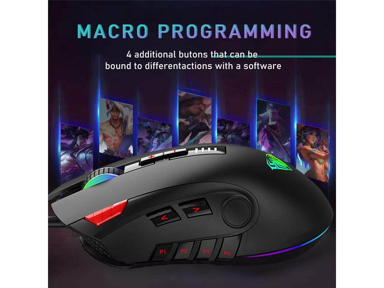 AULA H512 Gaming Mouse, RGB Breathing Backlit, 5000 dpi, 11 Keys Custom Programable, Custom Weight, Ergonomic Gaming USB Optical Mice, Gamer Desktop Laptop PC Wired Mouse, Black