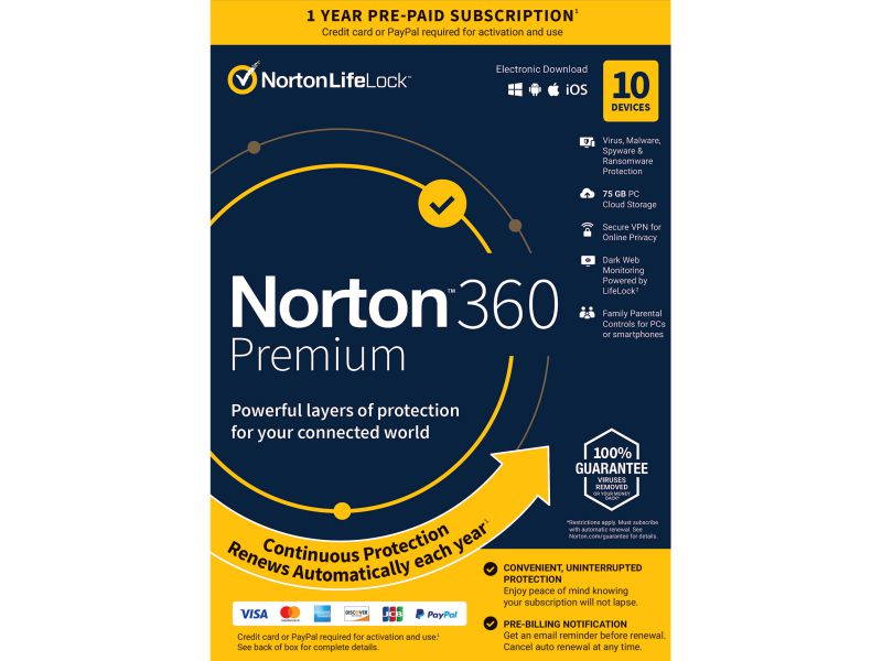 Norton 360 Premium 2021 - Antivirus software for 10 Devices with Auto Renewal - Includes VPN, PC Cloud Backup & Dark Web Monitoring powered by LifeLock  [Key card]