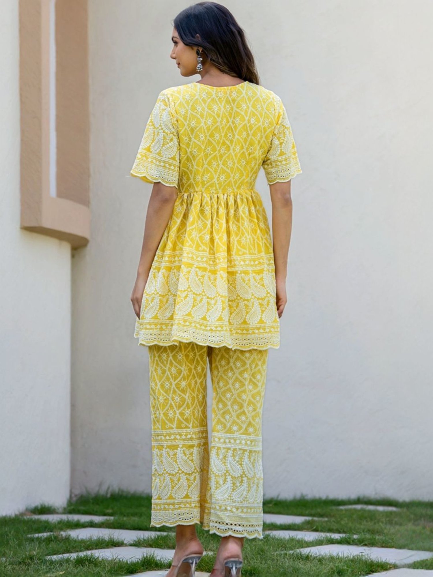 HOUSE OF JAMOTI Yellow Cotton Embroidered Tunic Pant Set