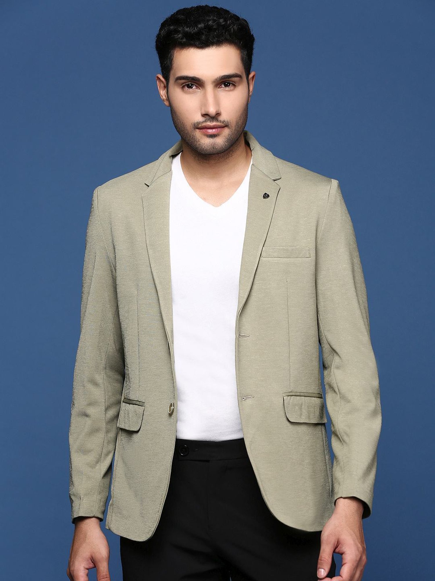 Showoff Pista Green Cotton Slim Fit Blazer