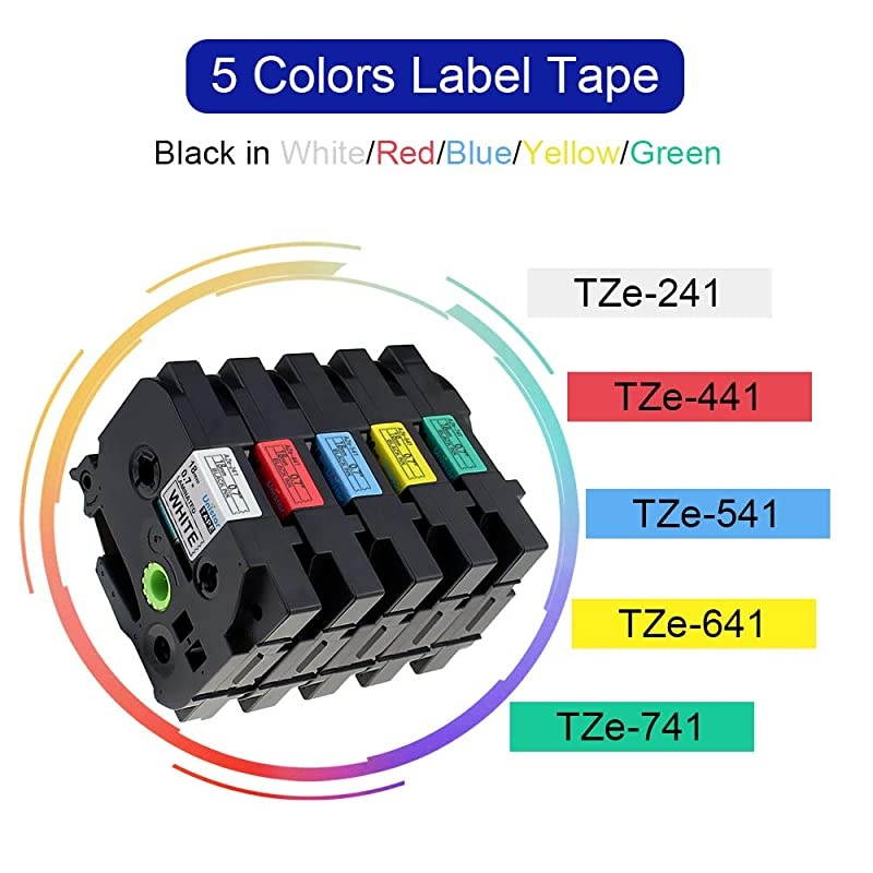 Compatible Label Tape Replacement for Brother Ptouch 18mm 0.7 Inch Tape, TZ Colored Laminated Tape (Black on White/Red/Blue/Yellow/Green) for Ptouch Label Maker D400 D600, 3/4 inch, 5 Pack