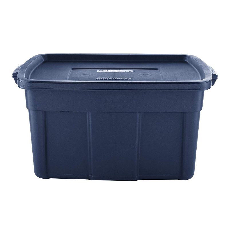 Rubbermaid Roughneck 31 Gallon Rugged Storage Tote in Dark Indigo Metallic with Lid and Handles for Home, Basement, Garage, (6 Pack)