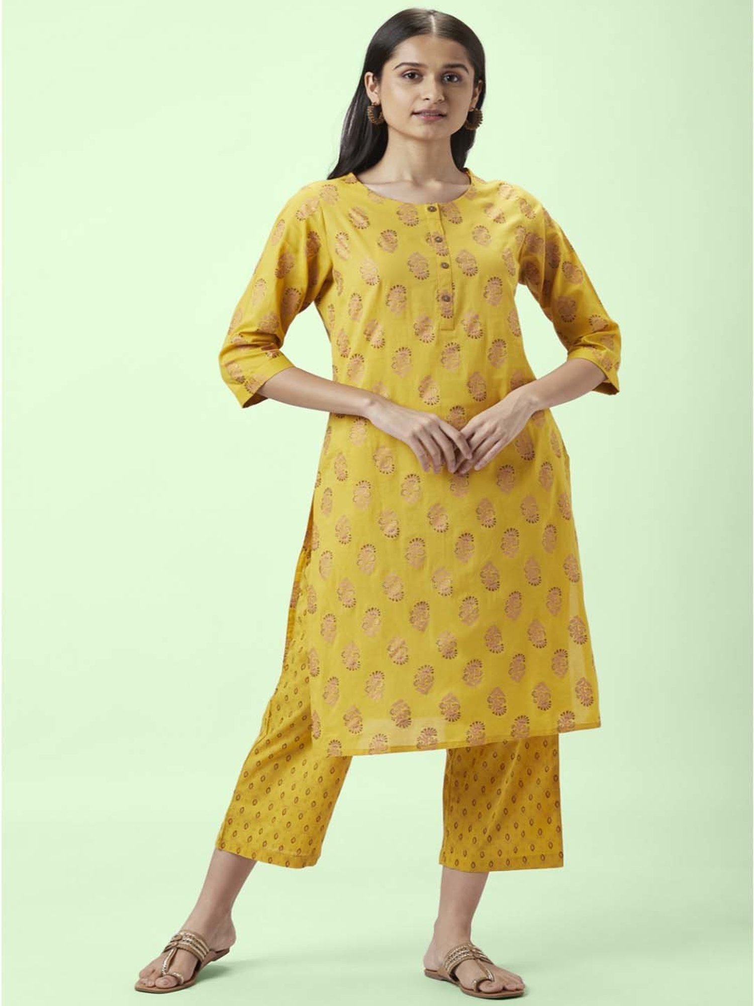 Rangmanch by Pantaloons Yellow Cotton Floral Print Kurta Palazzo Set