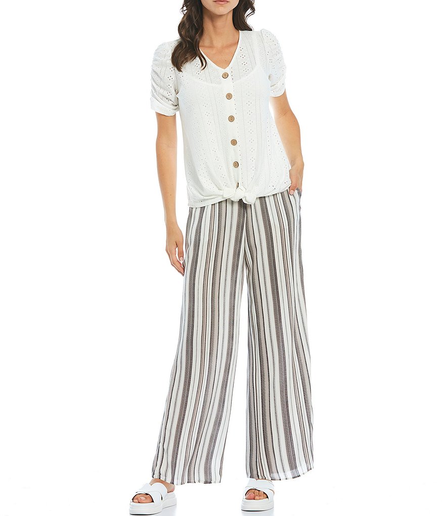 I.N. Studio Petite Size Stripe Print Crepon Pull-On Wide Leg Pants