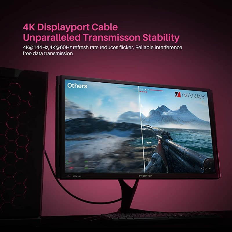 DisplayPort Cable 1.4,  8K DP Cable 6.6ft [8K@60Hz, 4K@144Hz, 1080P@240Hz], Support HBR3, 32.4Gbps, HDCP 2.2, HDR, Compatible for Gaming Monitor, TV, PC, Laptop and More