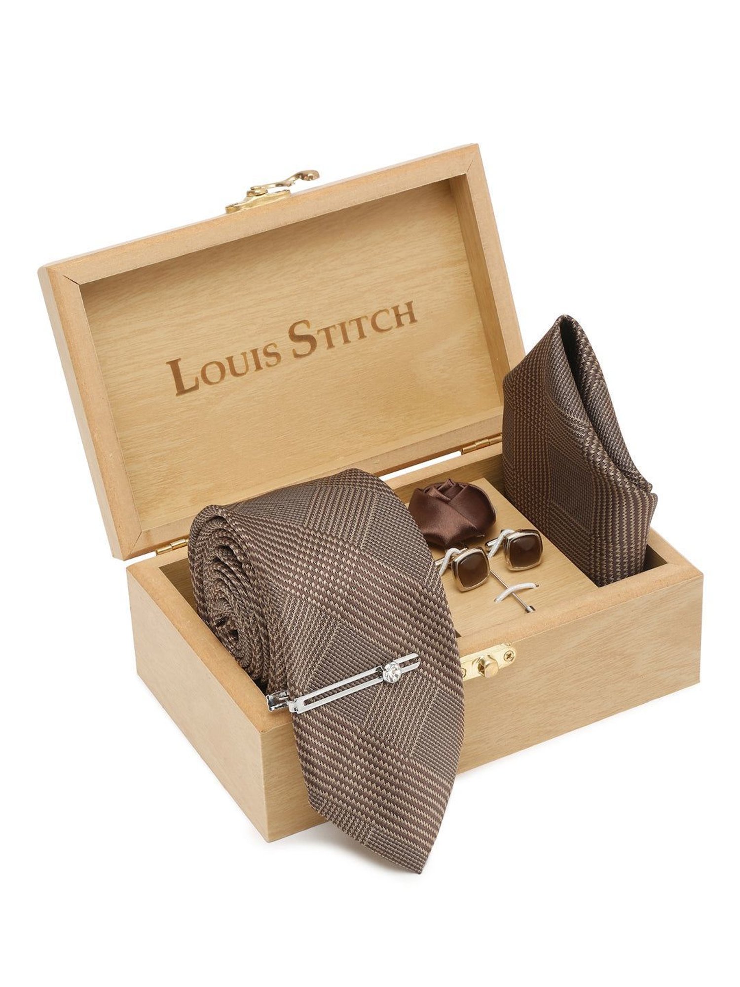 Louis Stitch Brown Checks Necktie Gift Set - Set of 5