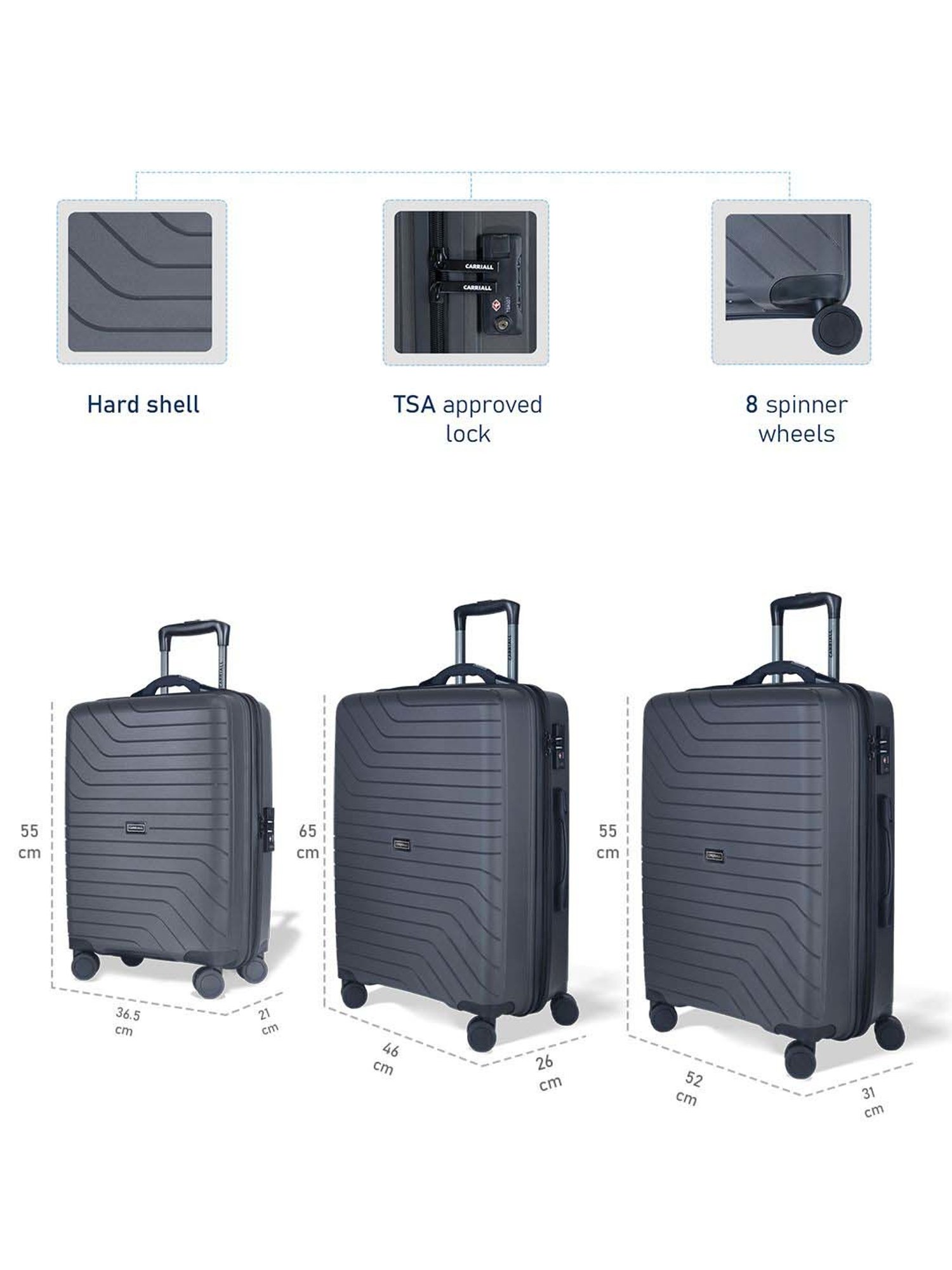 Carriall Groove Grey Striped Hard Trolley Bag Pack of 3 - 55cms, 65cms & 75cms