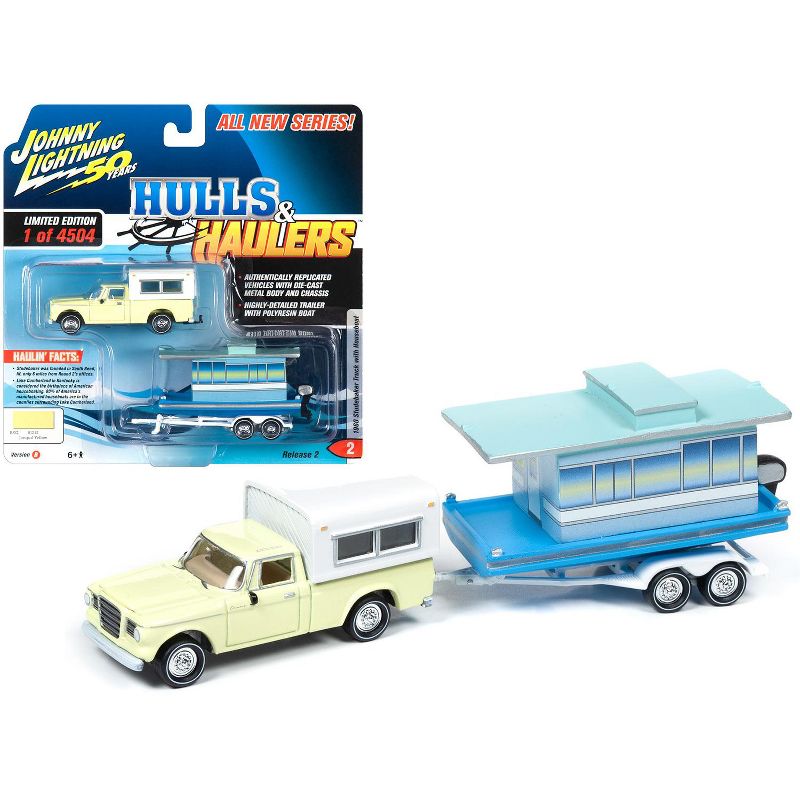 1960 Studebaker Pickup Truck w/Camper Shell Yellow w/Houseboat Ltd Ed 4504 pcs 1/64 Diecast Model Car Johnny Lightning