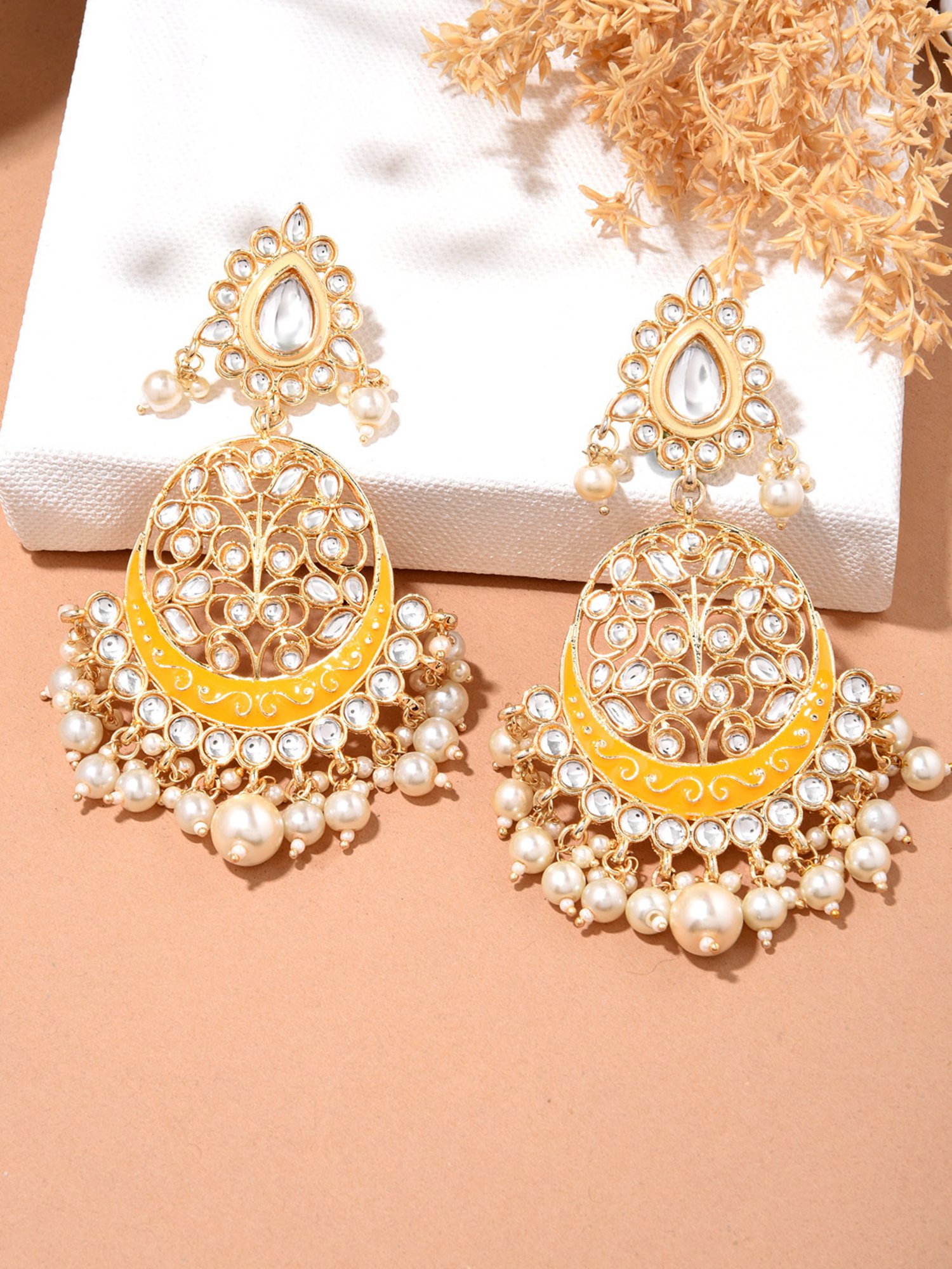 Fida Meenakari Yellow and Pearl White Dangler Earrings