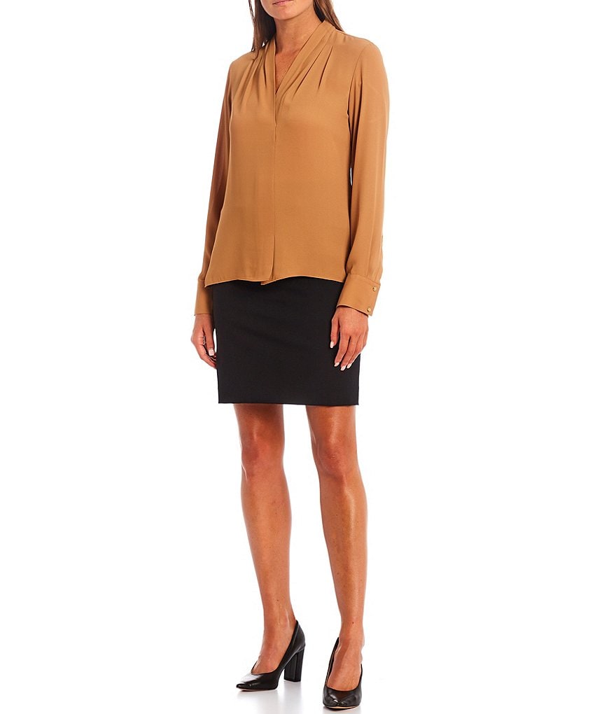 Preston & York Caroline Bow Woven V-Neck 3/4 Sleeve Blouse