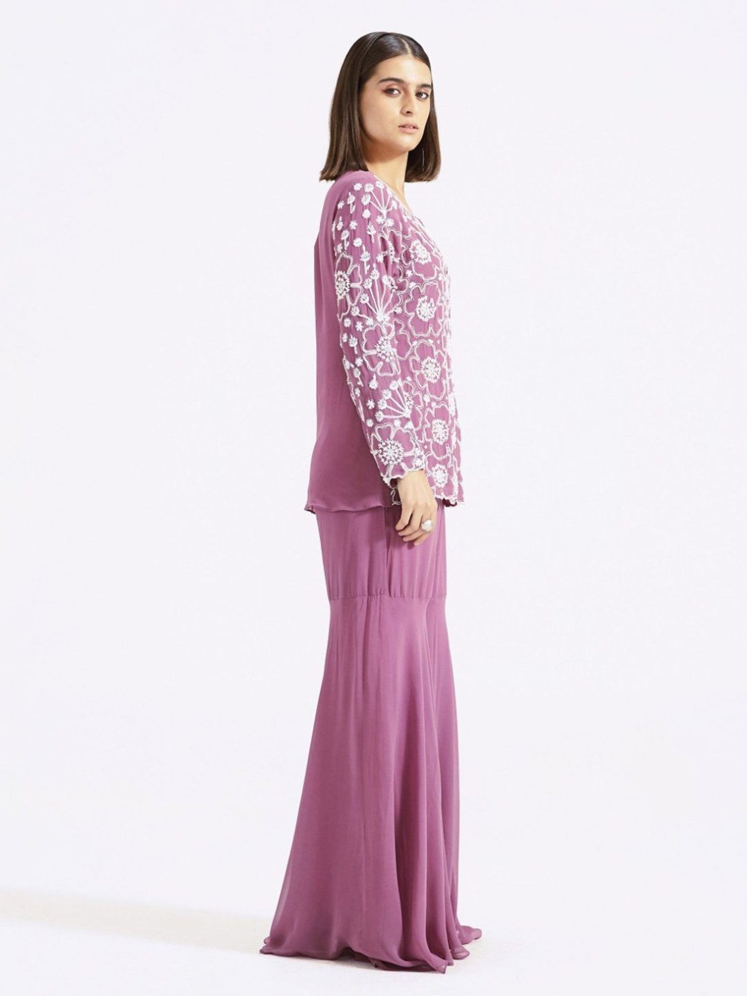 Basanti Kapde aur Koffee Mauve Evolve Embroidered Jacket Style Kurta with Gharara Co-ord Set