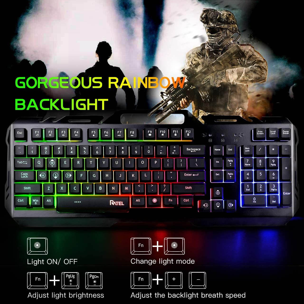 Gaming Keyboard, All-Metal Panel with Mechanical Feeling Colorful Rainbow LED Backlit USB Computer Wired Keyboard for PC/MAC/Desktop Pro Gamer