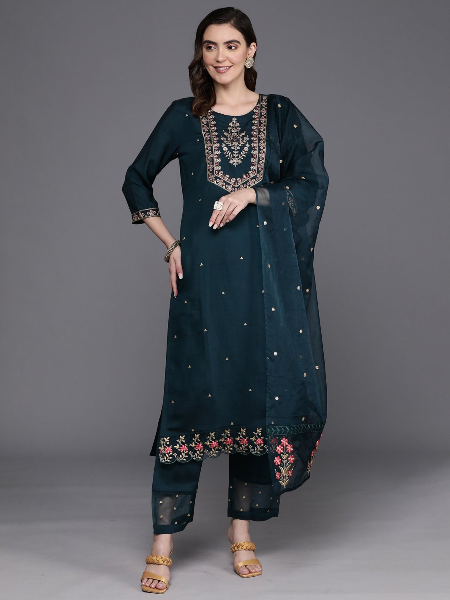 Indo Era Blue Embroidered Kurta Pant Set With Dupatta