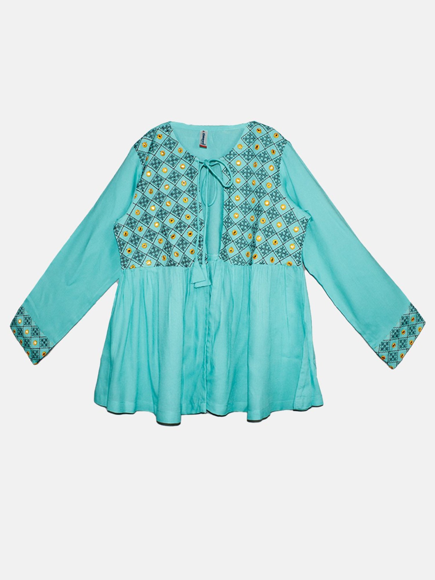 Kiddopanti Kids Aqua Blue Embellished Full Sleeves Crop Top, Shrug with Sharara