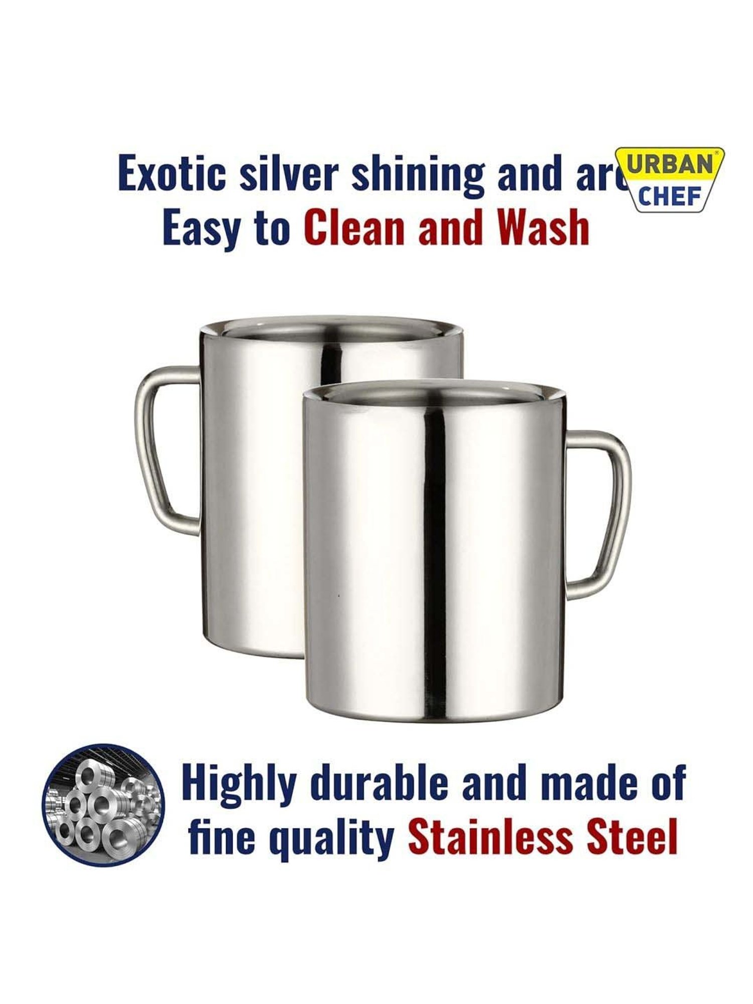 Urban Chef Silver Stainless Steel Sober Double Wall Big Coffee Mug - Set of 2