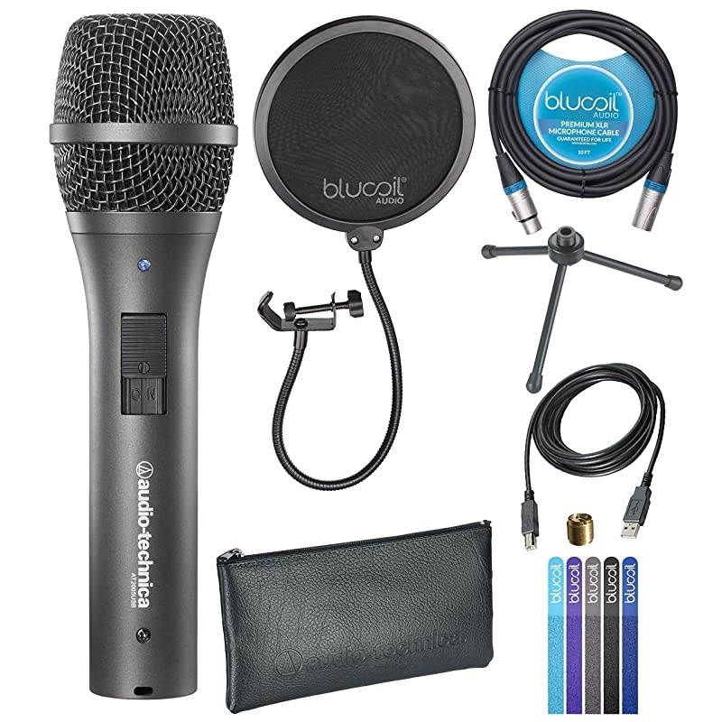 AudioTechnica AT2005USB Cardioid Dynamic USB and XLR Microphone for Voiceover Podcasting Music Recording Bundle with  Pop Filter Windscreen 10FT Balanced XLR Cable and 5X Cable Ties