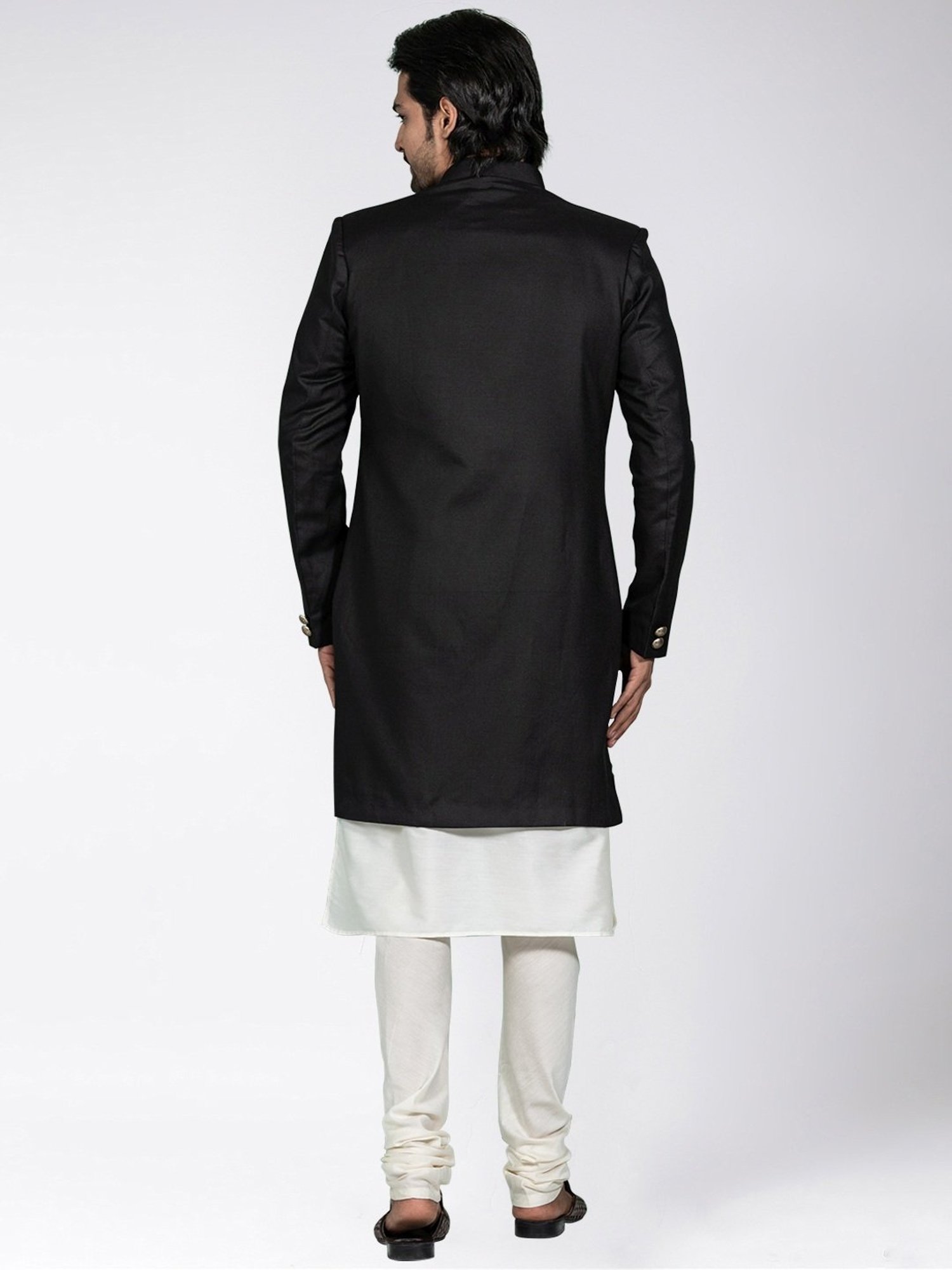 KISAH Black & White Cotton Regular Fit Sherwani Set