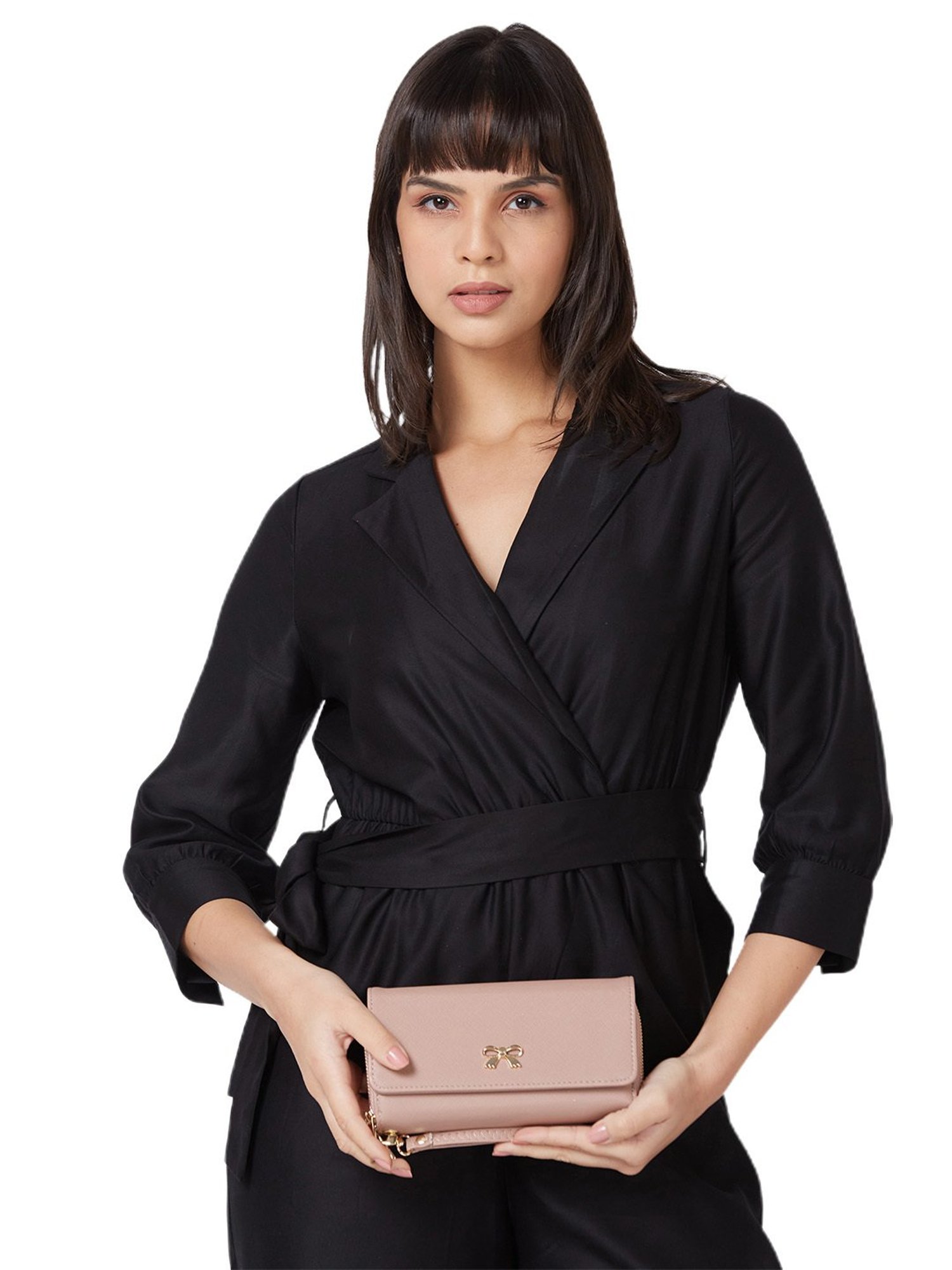 Globus Women Taupe Solid Vegan Leather Envelope Wallet with Wrist Loop