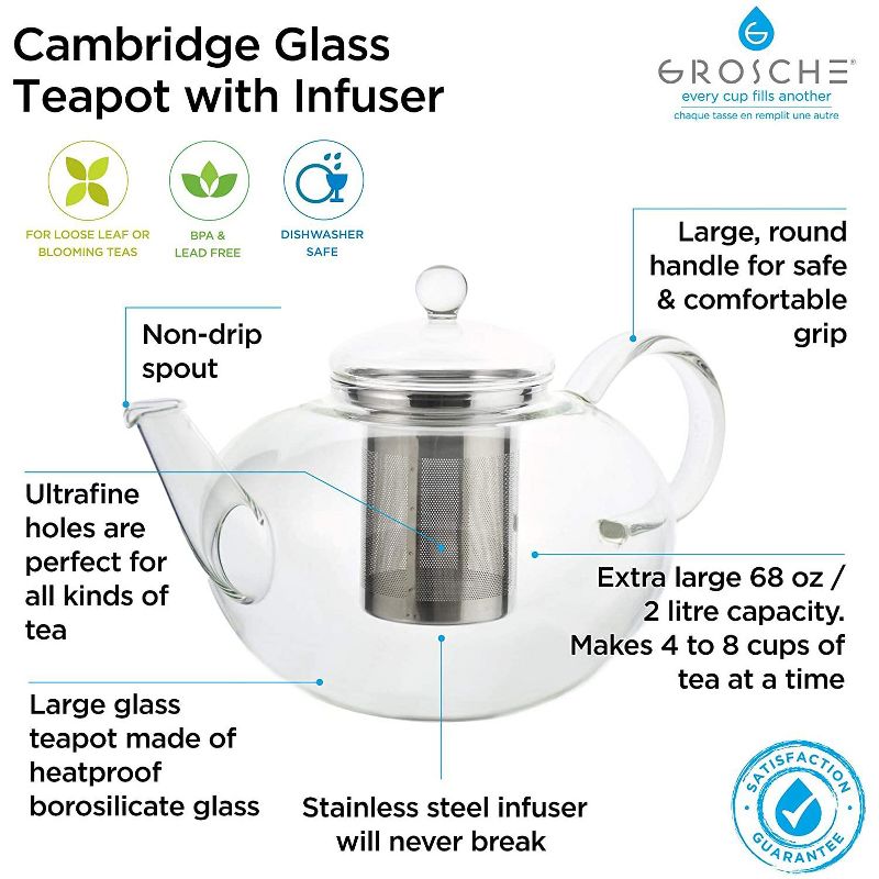 GROSCHE CAMBRIDGE Large Glass Teapot with Stainless Steel Tea Infuser, 68 fl oz. Capacity 