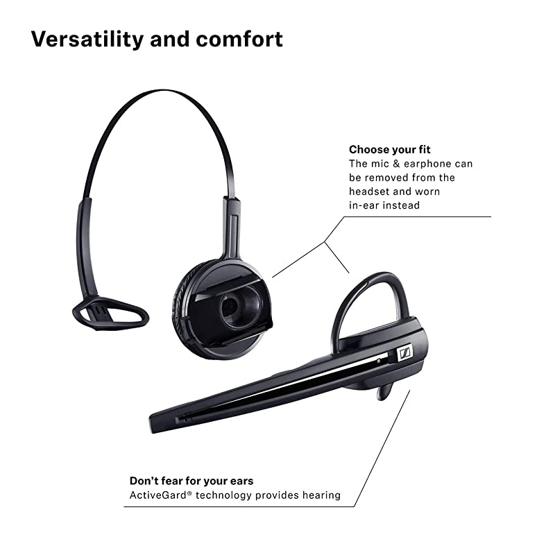 D 10 Phone (506410) Single-Sided Wireless DECT Headset for Direct Desk Phone Connection, with Noise Cancelling Microphone (Black)