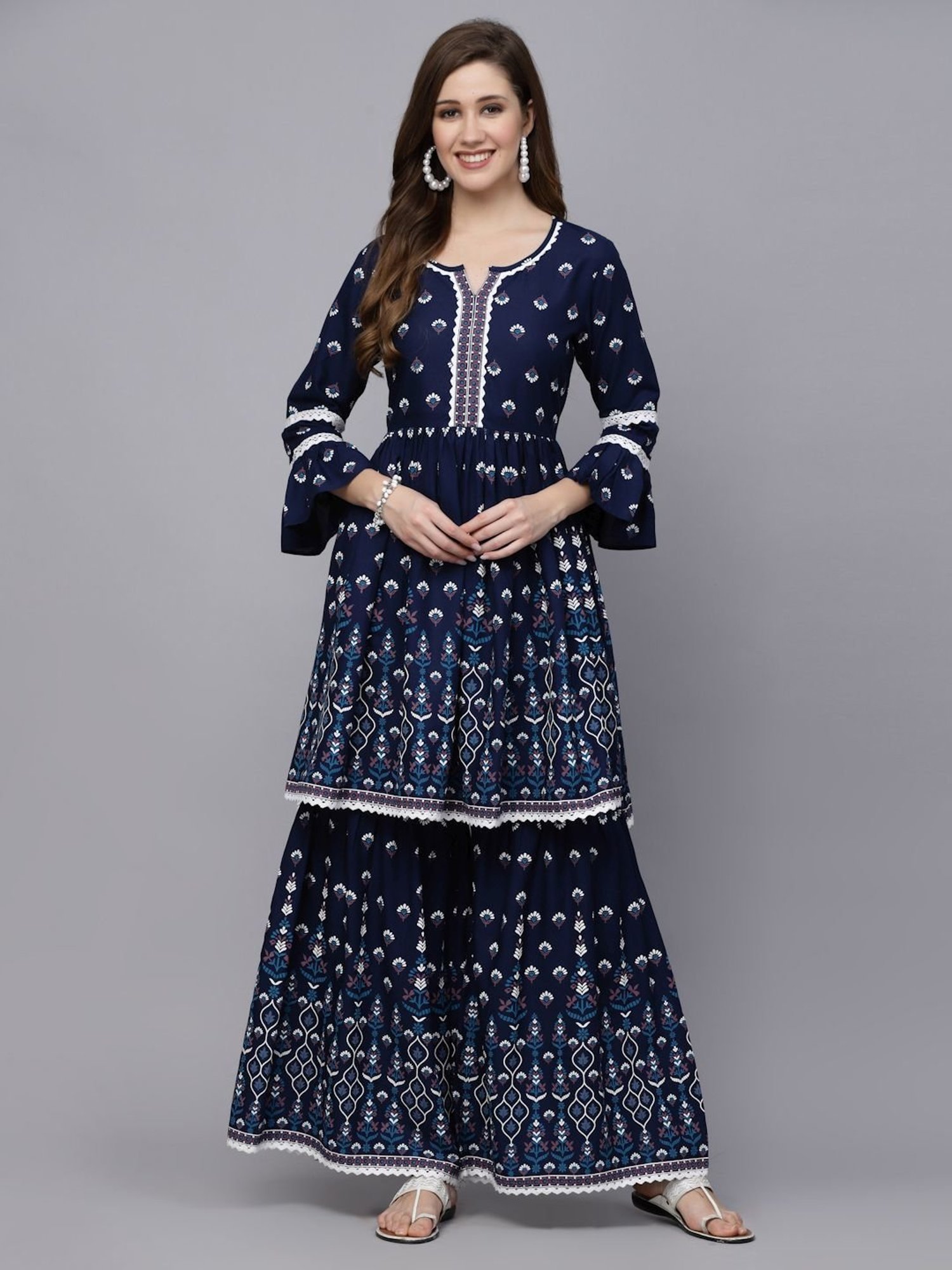 Stylum Navy Printed Kurti Sharara Set With Dupatta