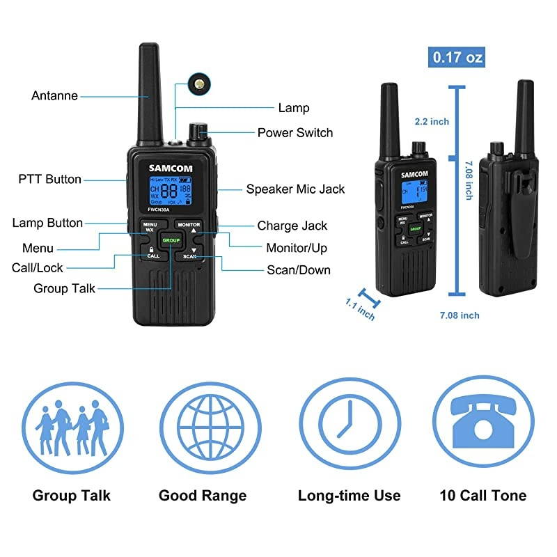 FRS Two Way Radio  FWCN30A Rechargeable Handheld Walkie Talkie Long Range 22 Channels with NOAA Weather Alert/Flashlight/LCD Display/Call Tone/Group/Keypad Lock (4 Packs