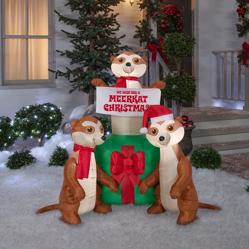 Gemmy Christmas Airblown Inflatable Meercats and Christmas Gift Scene, 5 ft Tall, Multicolored