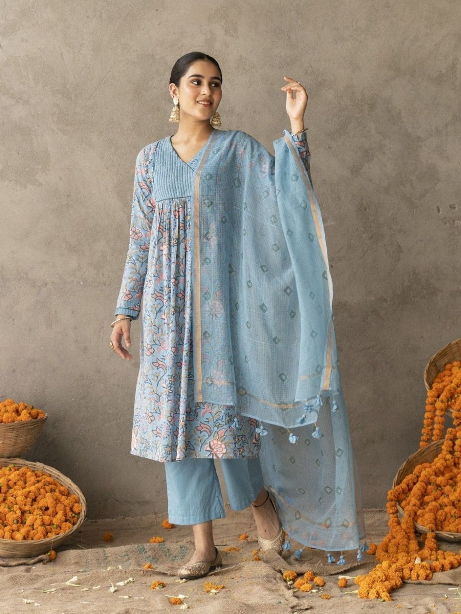 Akiso Reet Blue Block Printed With Yoke And Sleeve Detailed A Line Suit Set With Dupatta