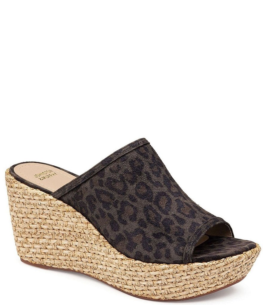 Johnston & Murphy Addy Leopard Print Suede Espadrille Platform Wedge Slides