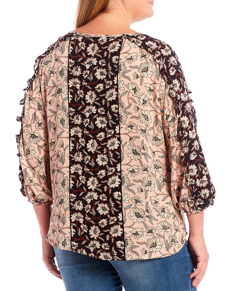 Democracy Plus Size Border Floral Print Woven Keyhole Round Neck Ruffle Edge Shoulder Detail 3/4 Sleeve Top