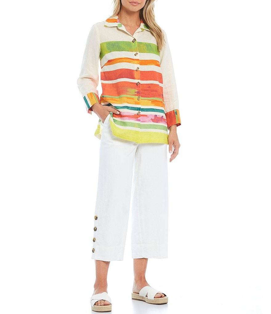 John Mark Abstract Stripe Print Button Front Wire Neck 3/4 Sleeve Linen Tunic