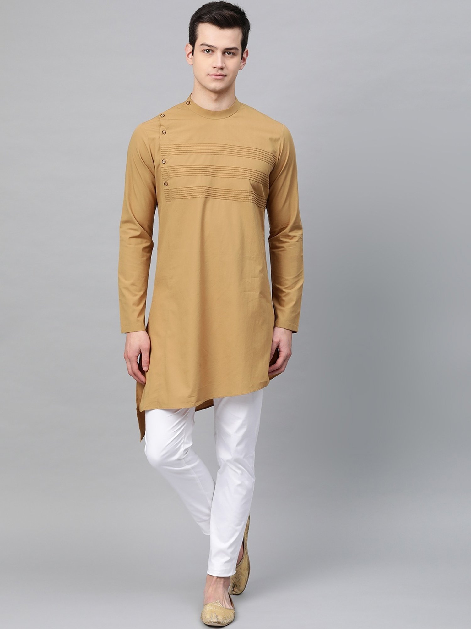 See Designs Khaki & White Cotton Regular Fit Embroidered Kurta Bottom Set