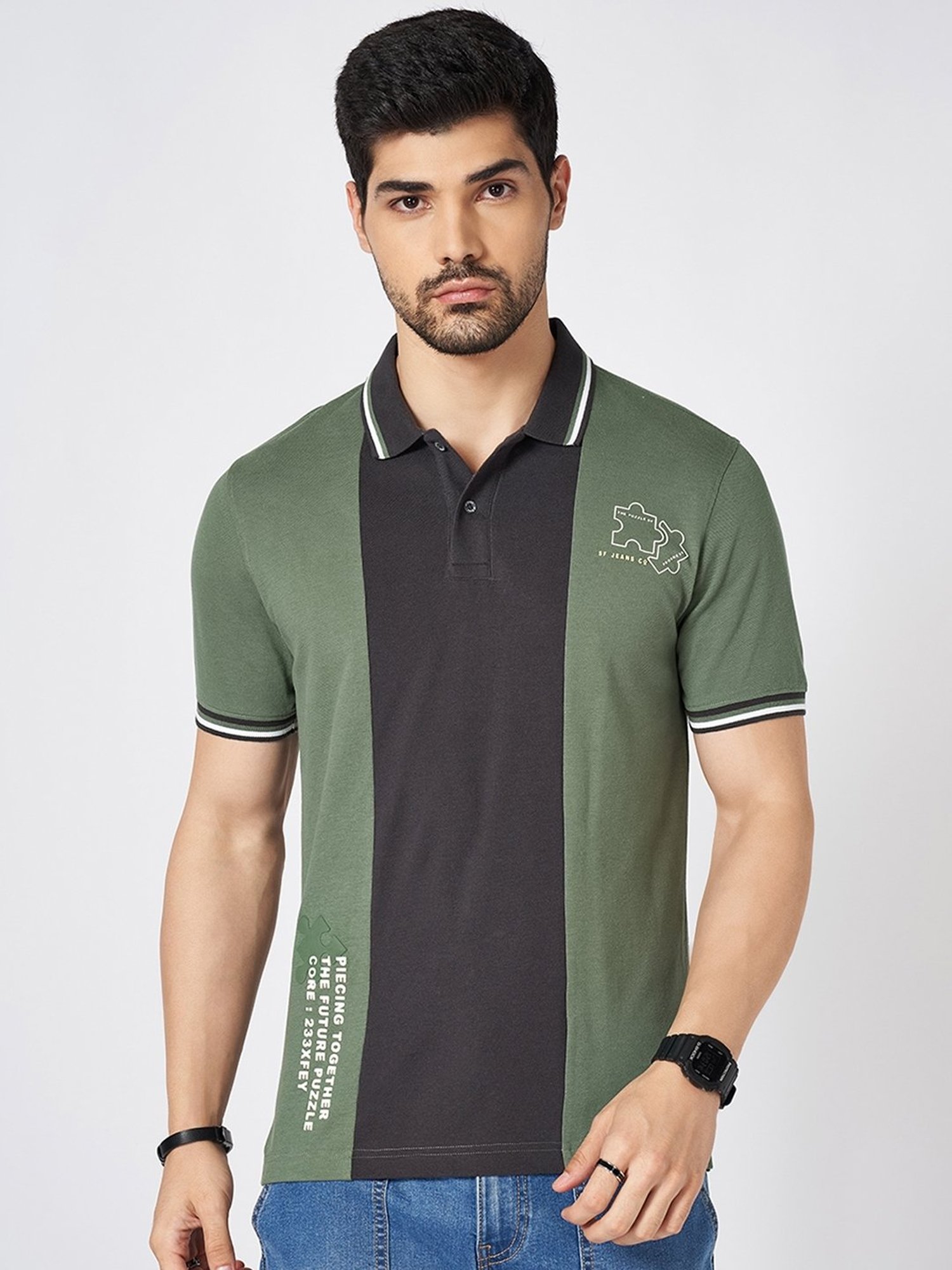 SF Jeans by Pantaloons Duck Green Cotton Slim Fit Solid Polo T-Shirt