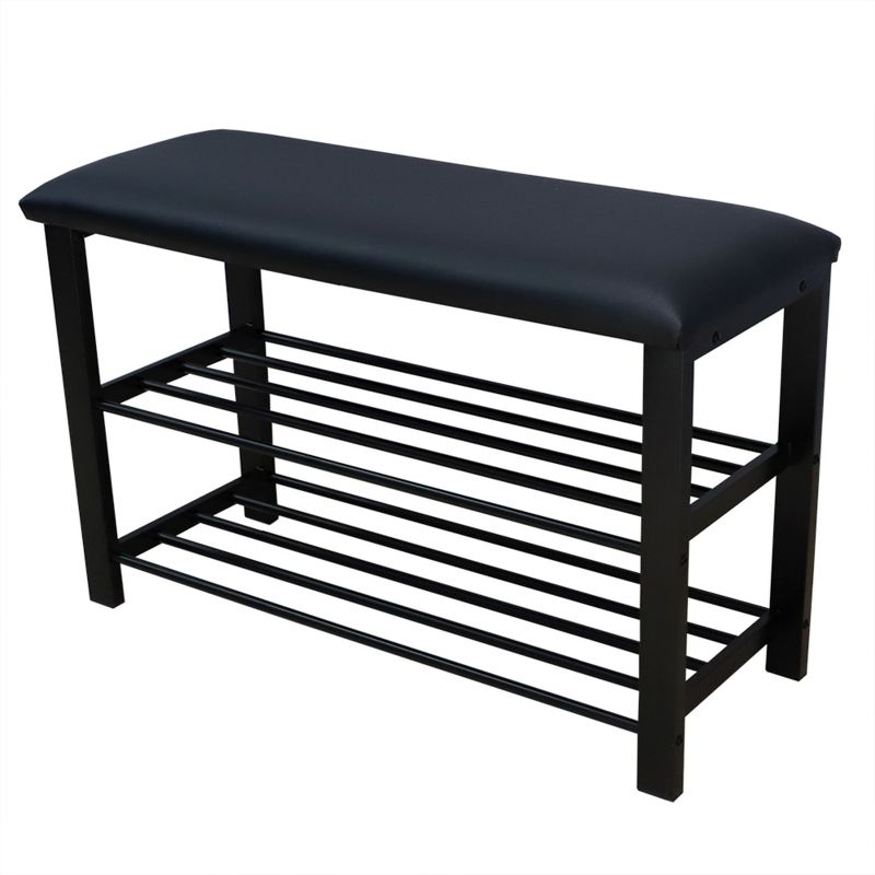 Home Basics Cushioned Storage Bench with 2 Tier Steel Shoe Rack, Black