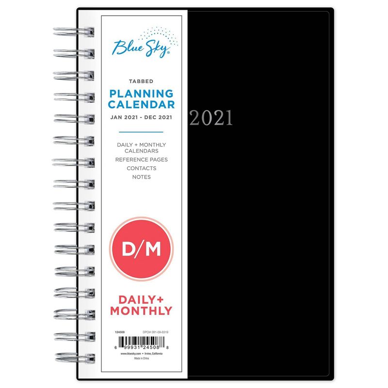 2021 Planner 5" x 8" Plastic Cover Daily/Monthly Wirebound Black - Blue Sky