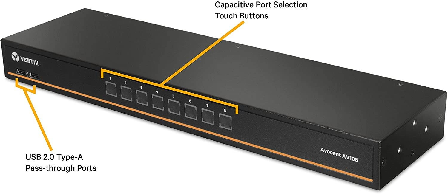 Vertiv Avocent 1x8 Rackmount or Desktop, Single-User KVM Switch With USB, OSD Support, 8 CBL017 VGA Cables, Touch Button and Hotkey Switching, Cascade Support and Internal Power Supply (AV108BND8-400)