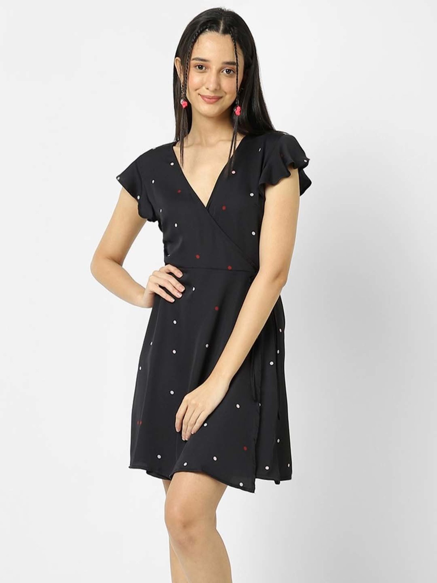 VASTRADO Black Polka Dots A-Line Wrap Dress