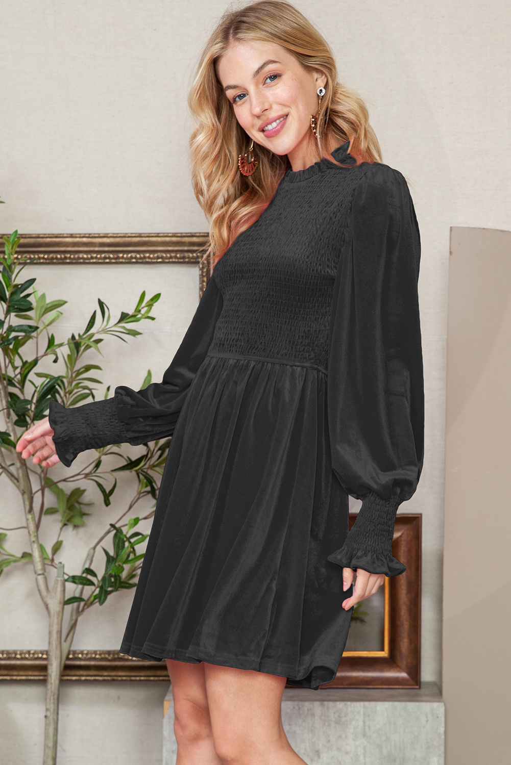 Black Smocked Lantern Sleeve Frilled Velvet Dress