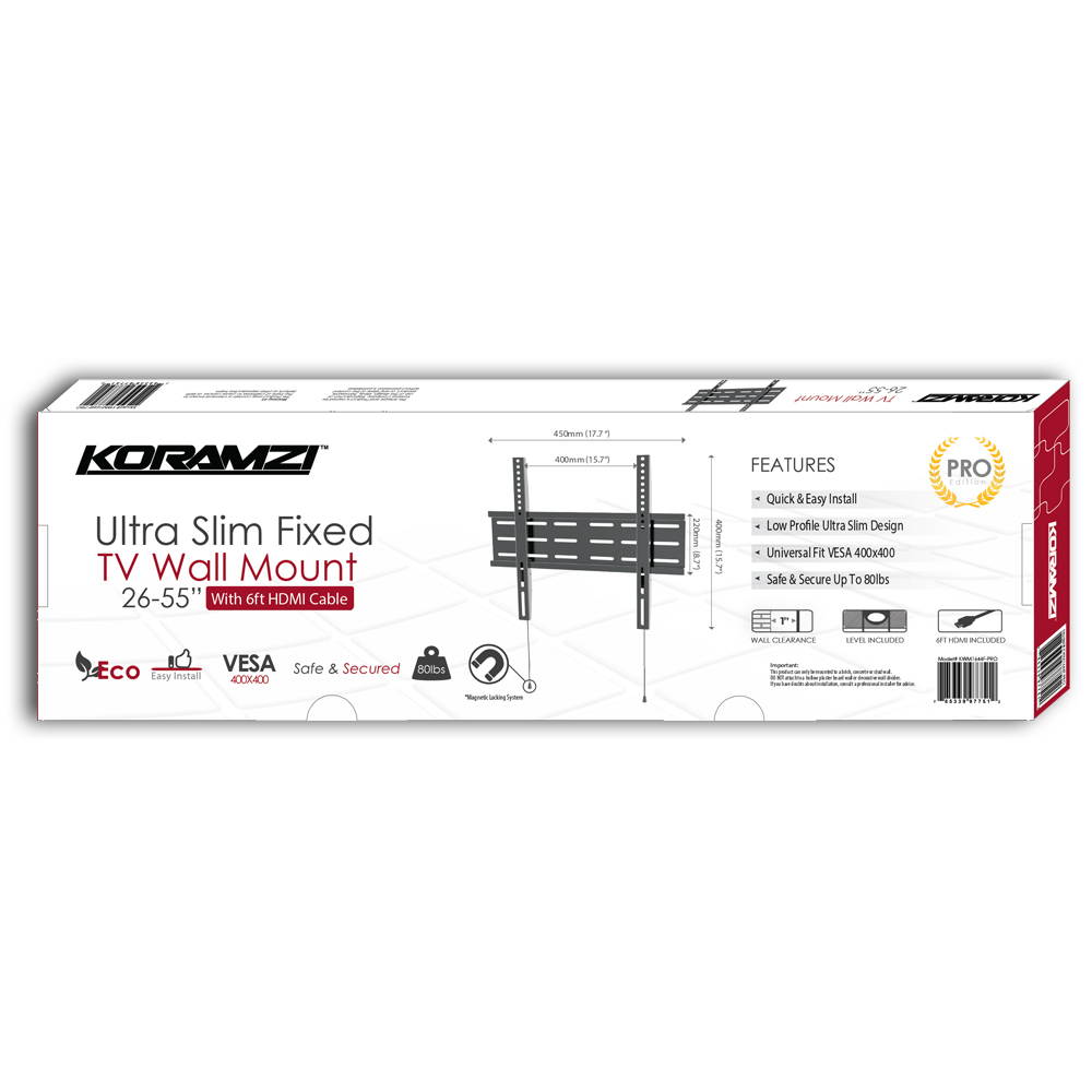 KORAMZI KWM1644F-PRO Fixed TV Wall Mount with Smart Locking System Technology 400x400 VESA Fits 26-55" TV's including Bubble Level & 6 ft. HDMI Cable Pro Series (Black)-New