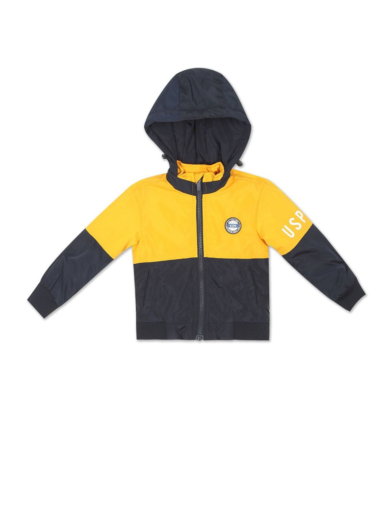 U.S. Polo Assn. Kids Yellow & Navy Color Block Full Sleeves Hooded Jacket