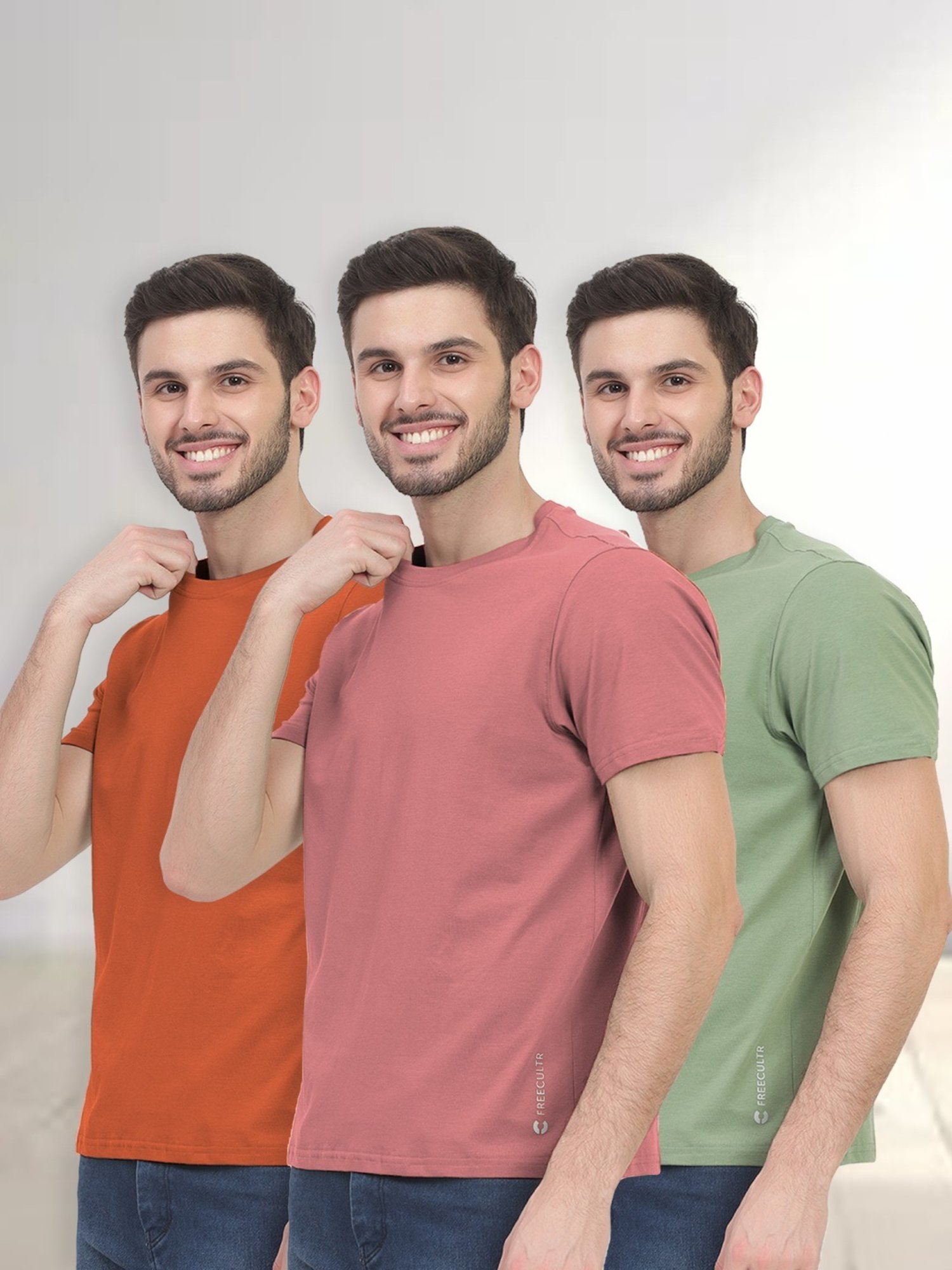 Freecultr Multicolored Cotton Regular Fit T-Shirt - Pack Of 3
