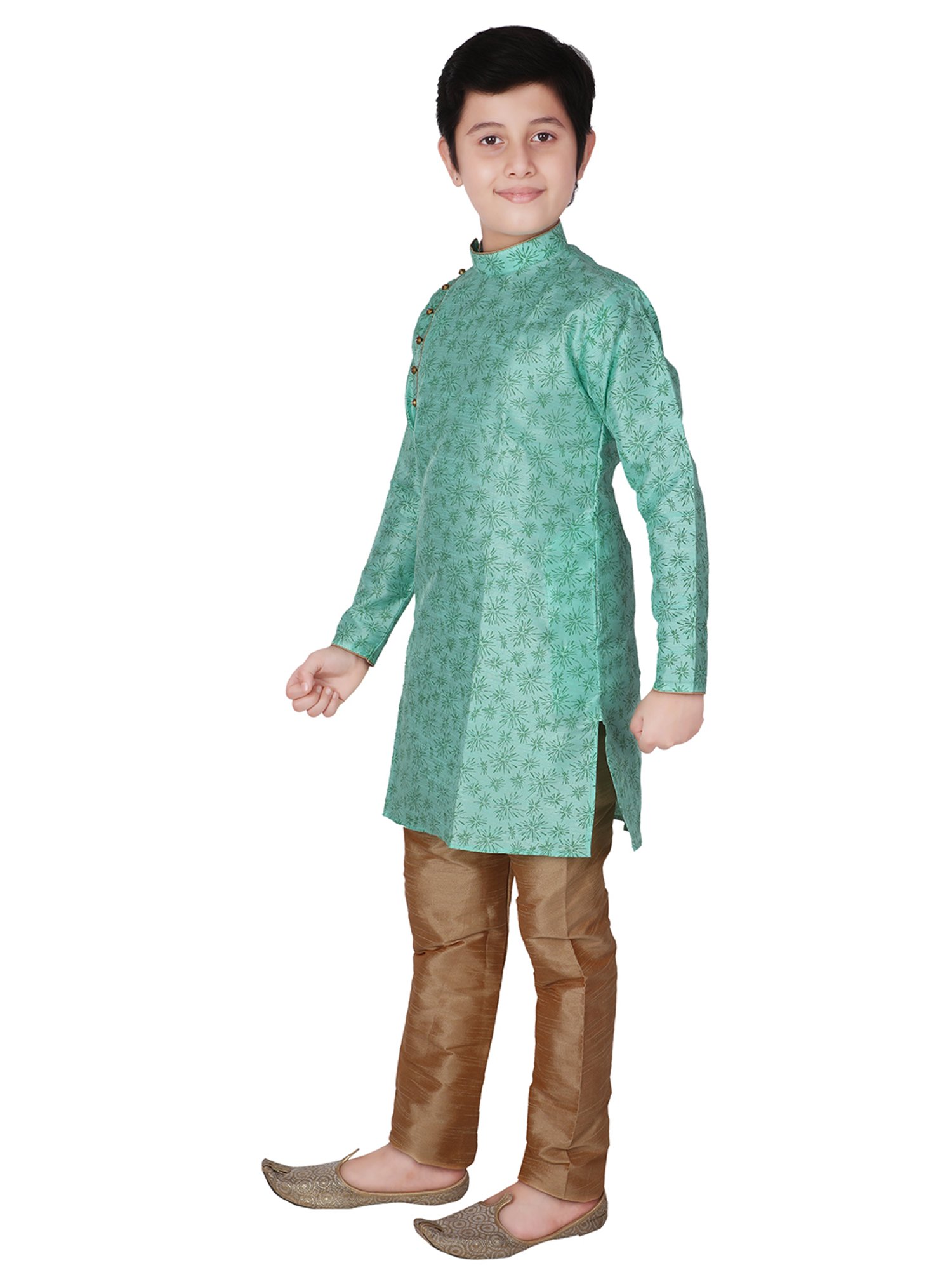 Pro-Ethic Style Developer Kids Mint Green & Brown Printed Full Sleeves Kurta with Churidar