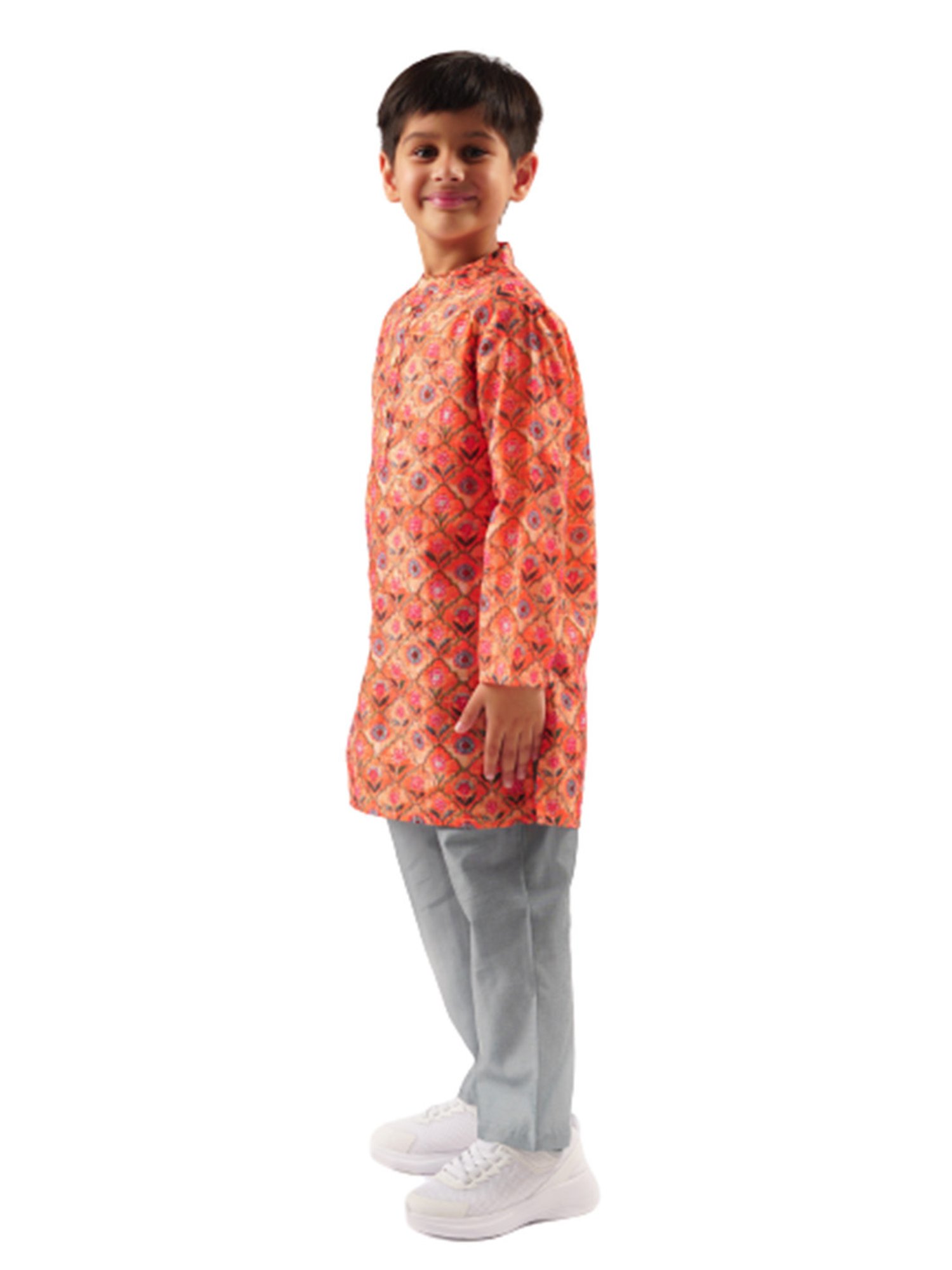 Lil Drama Kids Orange & Grey Floral Print Full Sleeves Kurta With Pyjamas