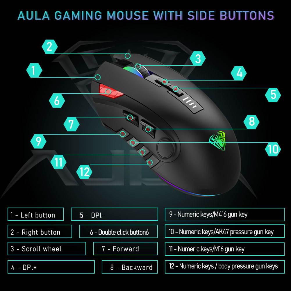 AULA H512 Wired Gaming Mouse with Programmable Side Buttons, Ergonomic Optical 7 RGB Lights Backlit, 6 Mode DPI & Weights Adjustable, Professional Gamers Computer Mice for PC/MAC