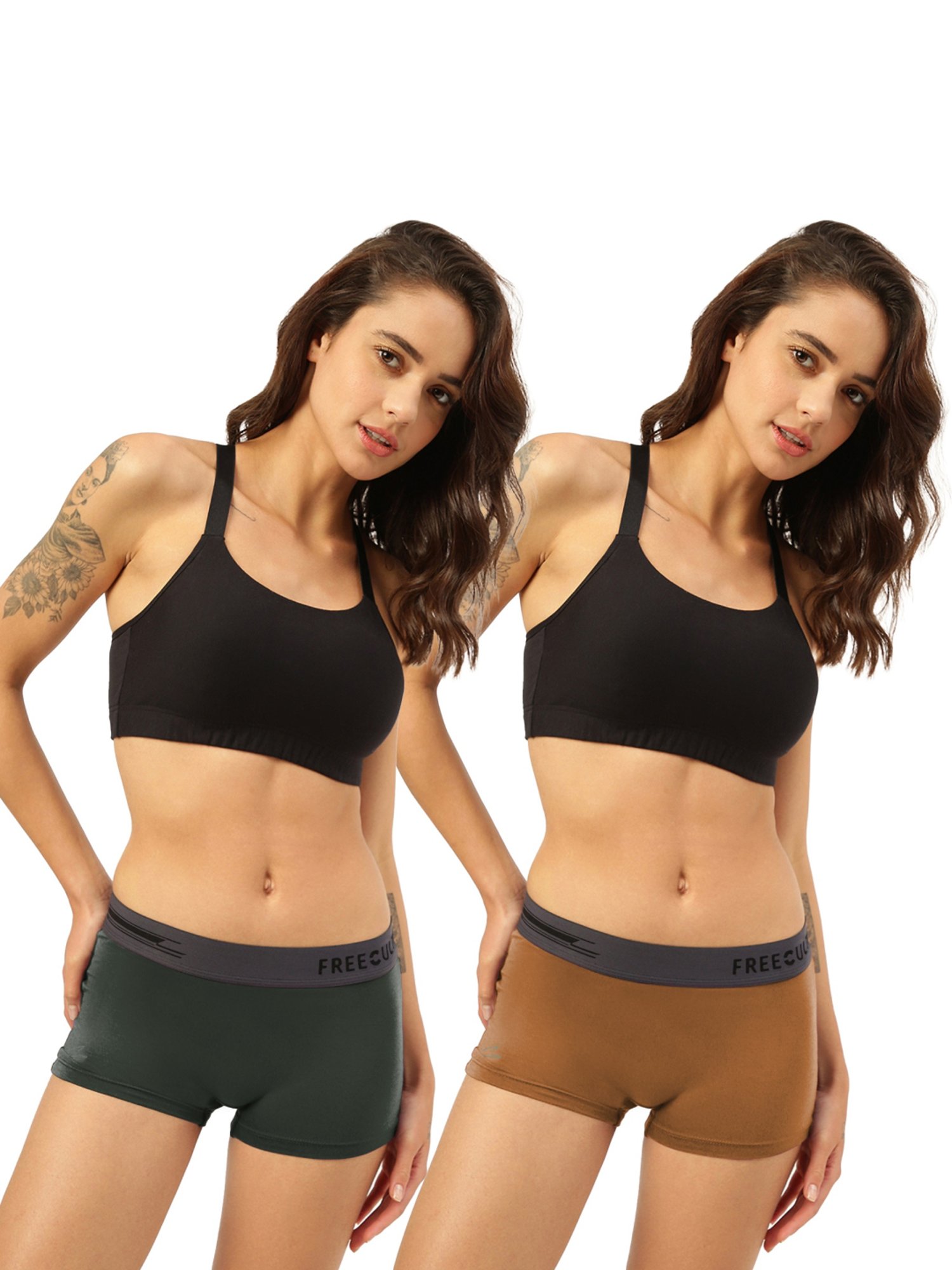 Freecultr Green & Brown Plain Boy-Shorts Panties - Pack Of 2