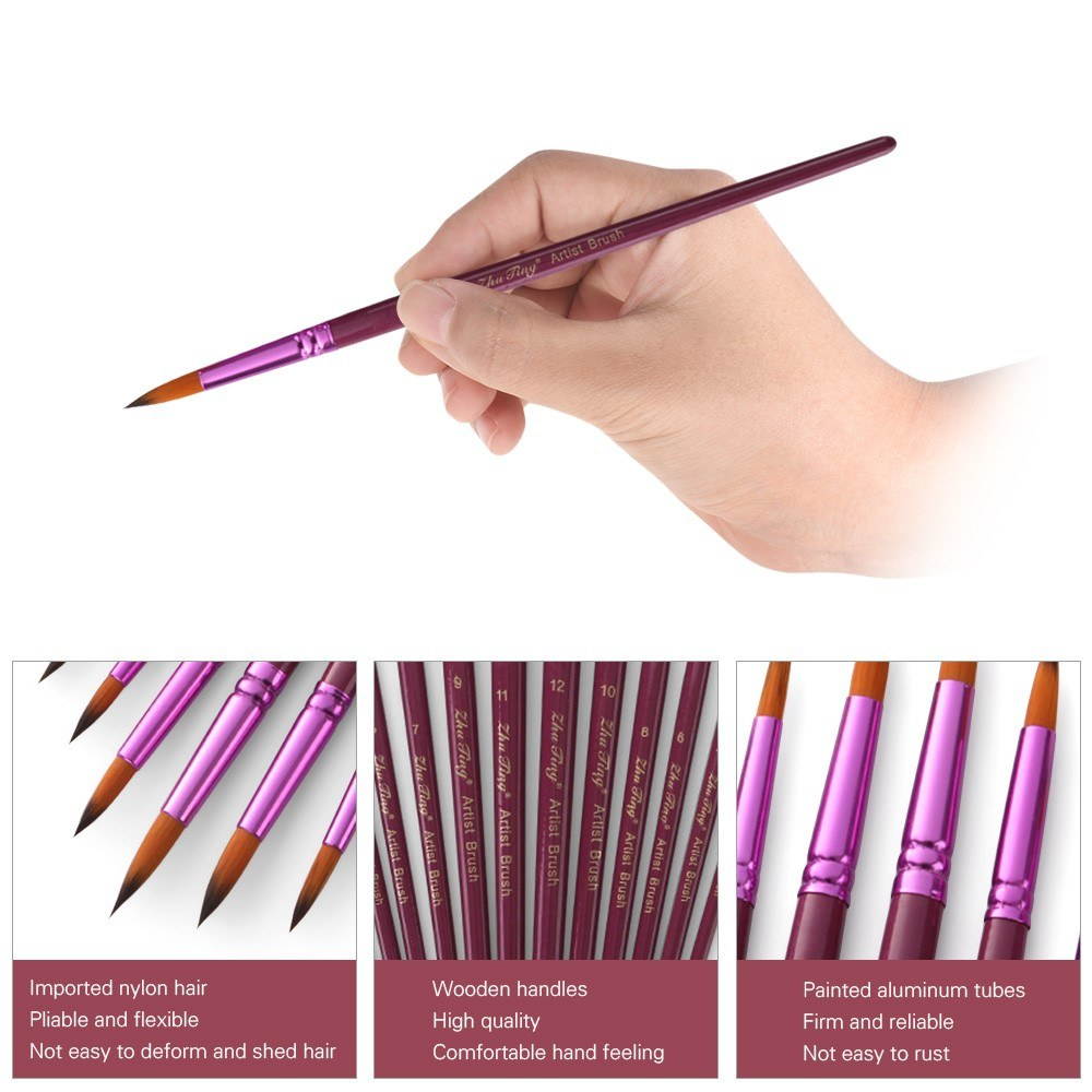 Professional 12pcs Round Pointed Tips Paint Brush Set
