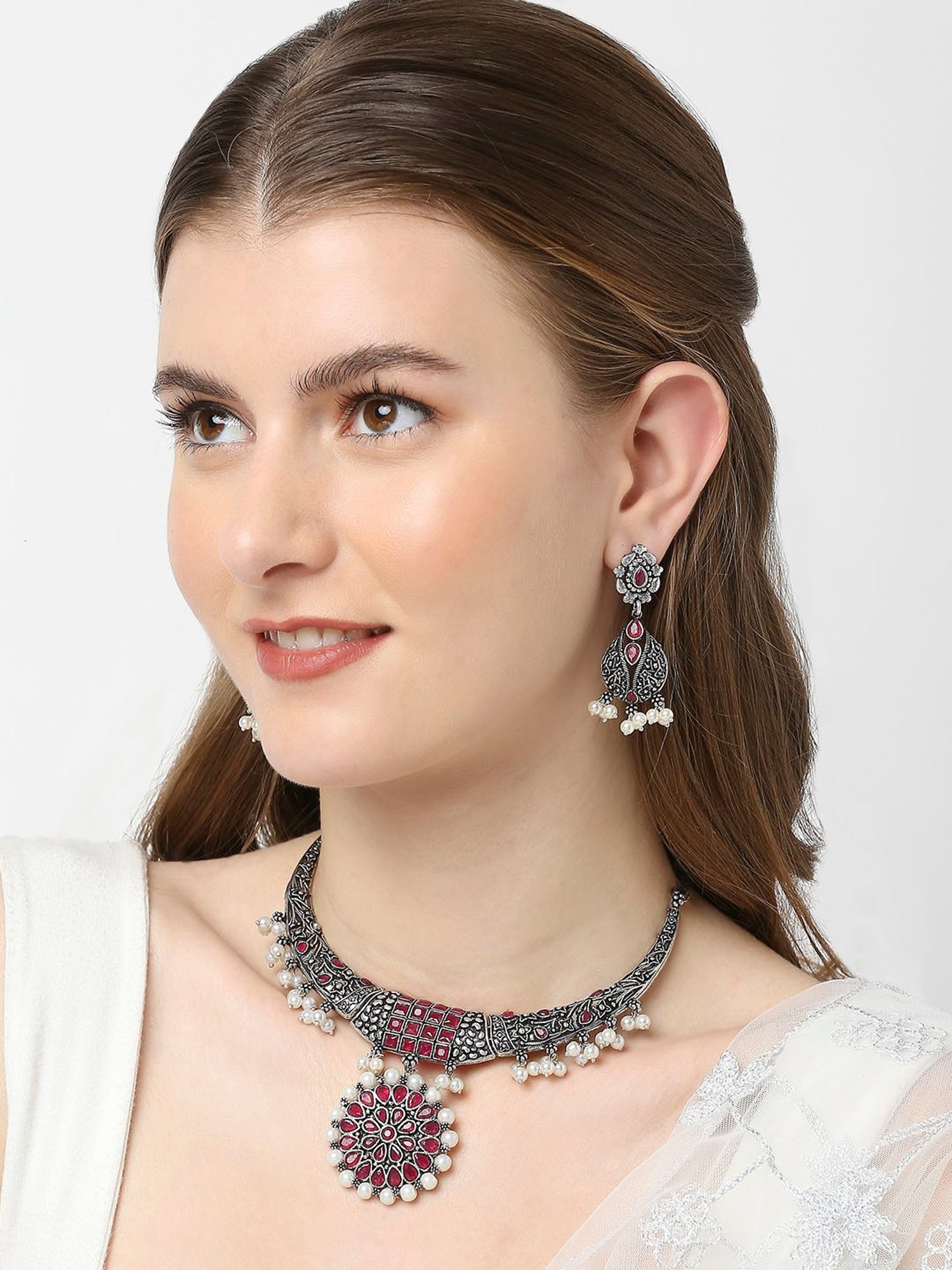 OOMPH Oxidized Silver Look Alike Maroon Stone StoneChoker Necklace Set with Drop Earrings