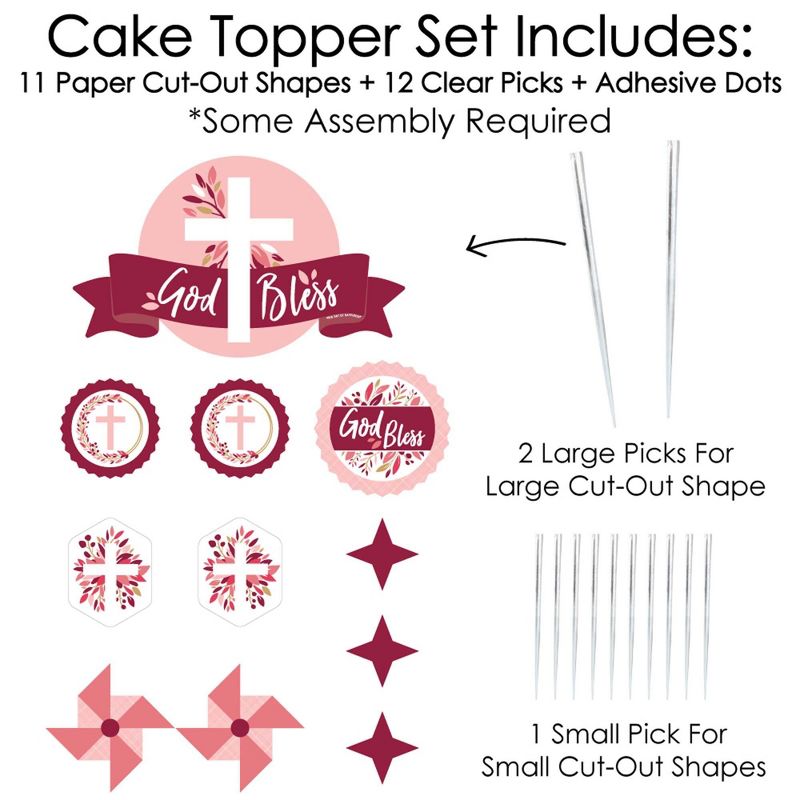 Big Dot of Happiness Pink Elegant Cross - Girl Religious Party Cake Decorating Kit - God Bless Cake Topper Set - 11 Pieces